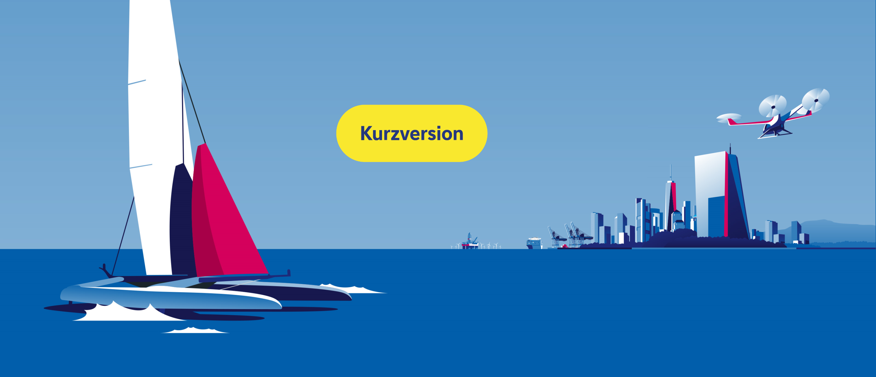 CIO Jahresausblick 2025 horizontale Illustration, die den Ozean mit einem Katamaran links und einer Stadtsilhouette rechts zeigt, mit einer fliegenden Drohne in der oberen rechten Ecke.