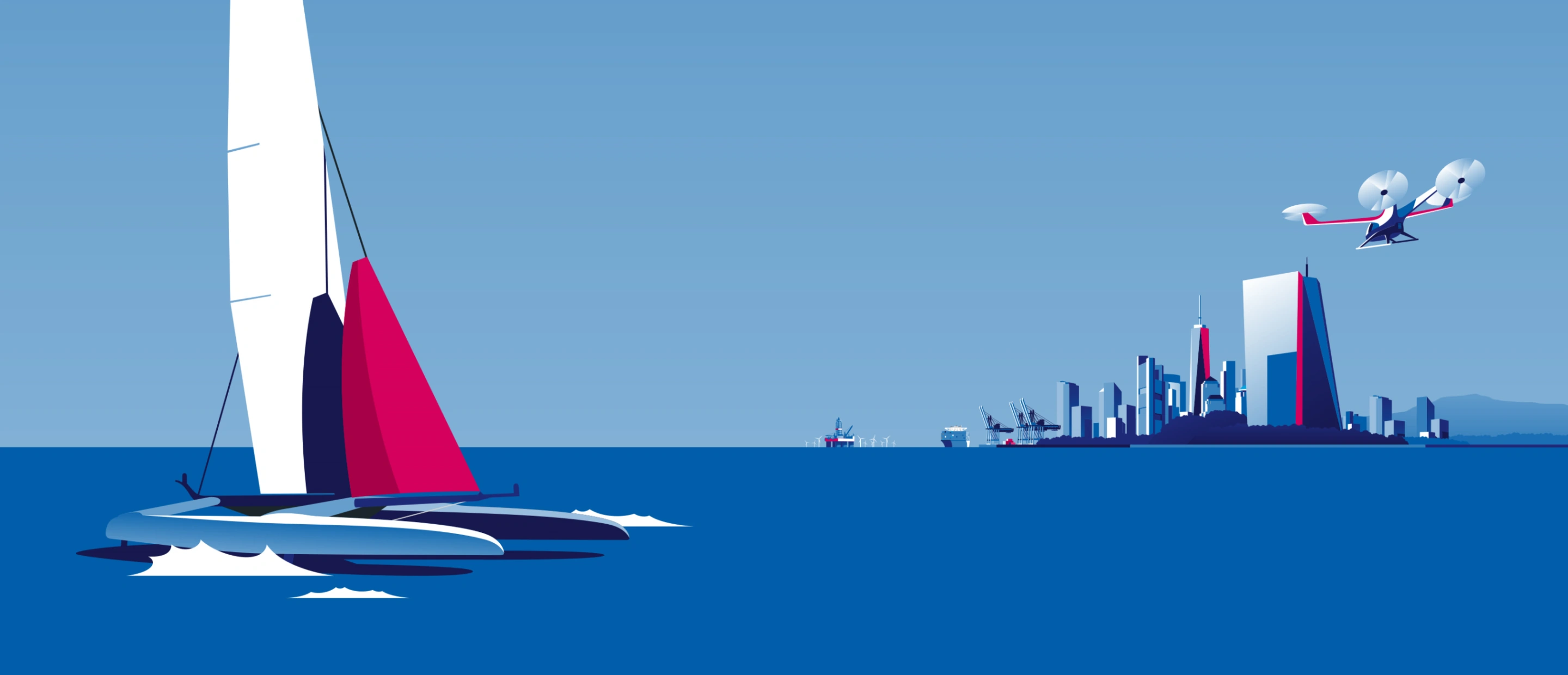 CIO Jahresausblick 2025 horizontale Illustration, die den Ozean mit einem Katamaran links und einer Stadtsilhouette rechts zeigt, mit einer fliegenden Drohne in der oberen rechten Ecke.