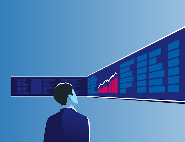 Illustration of a man looking at a stock exchange display