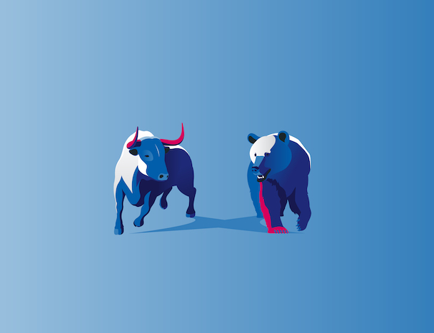 Illustration of a bull and bear running alongside each other